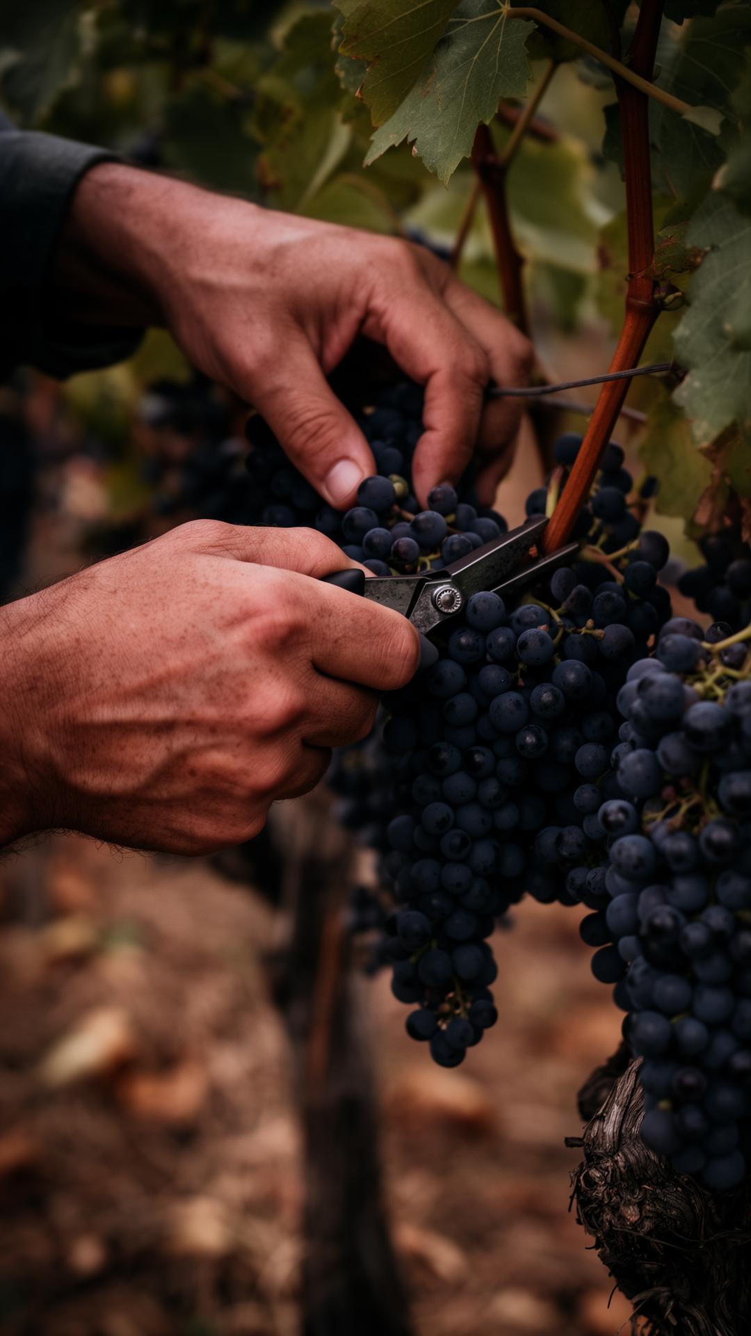 Hands harvesting wine grapes on the vine